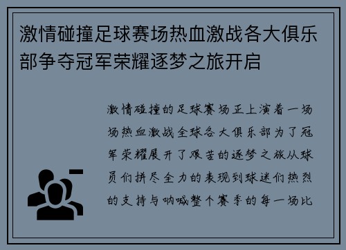 激情碰撞足球赛场热血激战各大俱乐部争夺冠军荣耀逐梦之旅开启