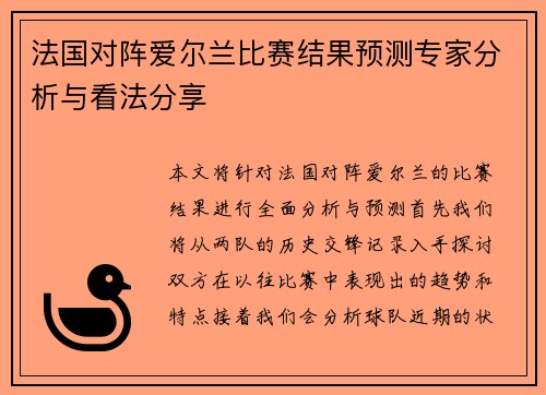 法国对阵爱尔兰比赛结果预测专家分析与看法分享