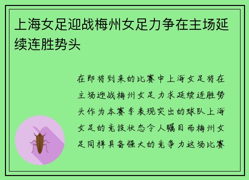 上海女足迎战梅州女足力争在主场延续连胜势头