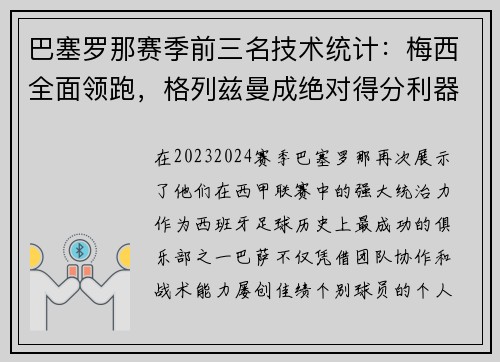 巴塞罗那赛季前三名技术统计：梅西全面领跑，格列兹曼成绝对得分利器