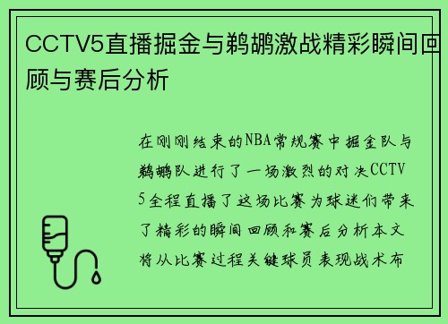 CCTV5直播掘金与鹈鹕激战精彩瞬间回顾与赛后分析