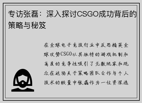 专访张磊：深入探讨CSGO成功背后的策略与秘笈